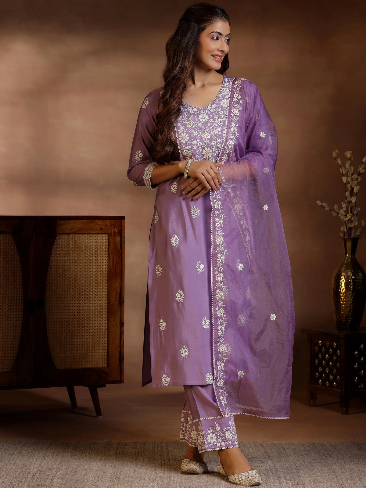 Anouk Mauve Embroidered Silk Blend Straight Suit With Dupatta