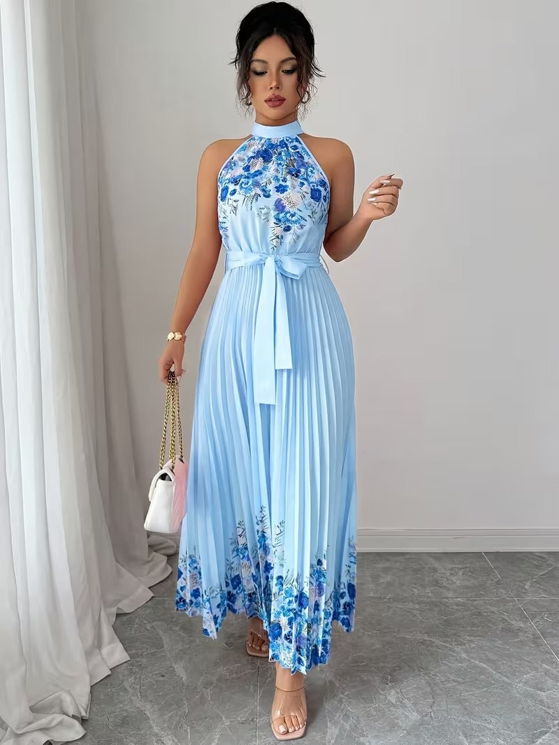 Elegant Floral Halter Neck Pleated Dress – Stylish & Comfortable Summer Outfit for Women