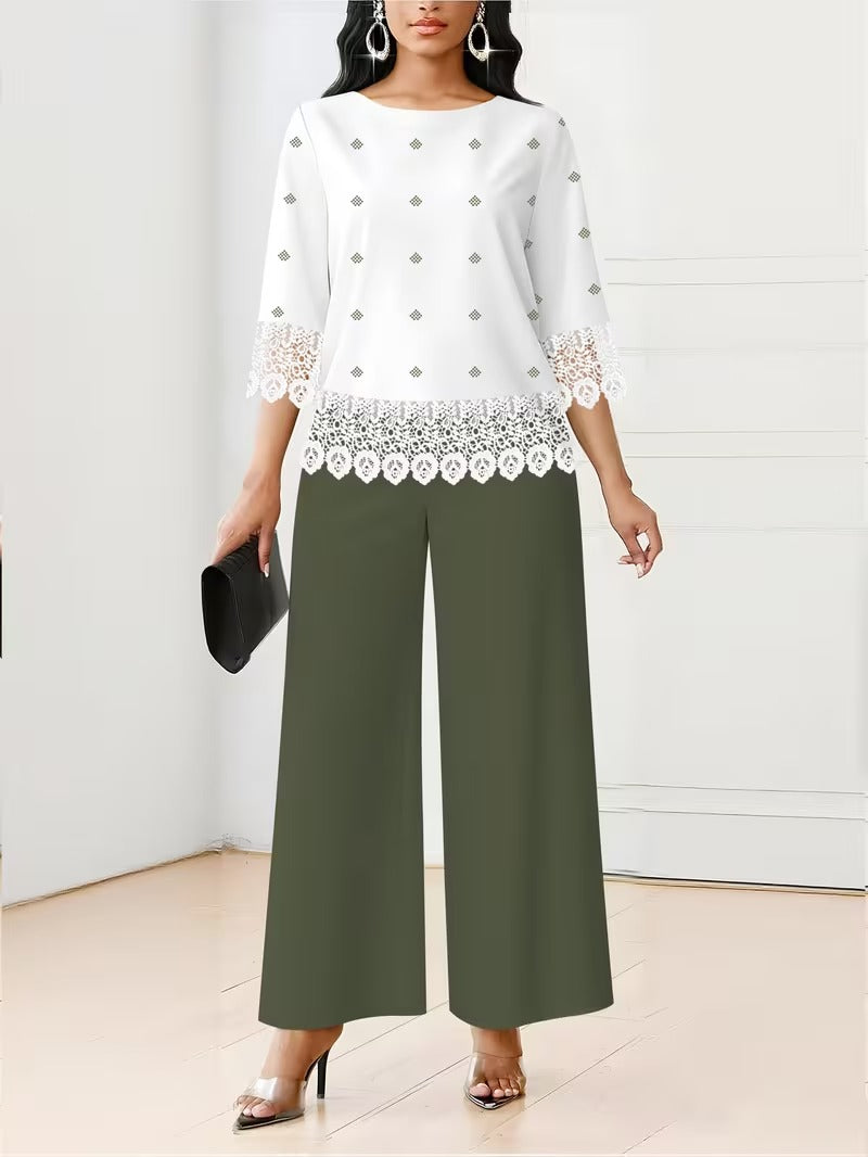 Chic Polka Dot Lace Co-Ord Set – Elegant Round Neck Top with Relaxed Fit Solid Trousers