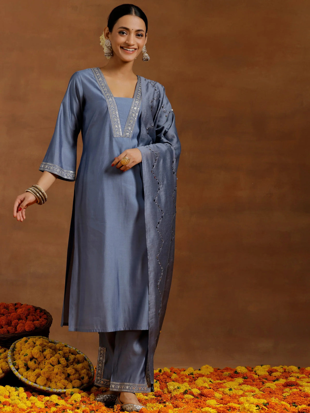 Anouk Grey Yoke Design Silk Blend Straight Suit With Dupatta