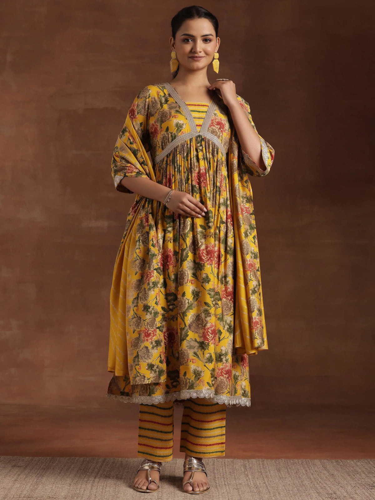 Anouk Yellow Printed Silk Blend A-Line Kurta With Trousers & Dupatta