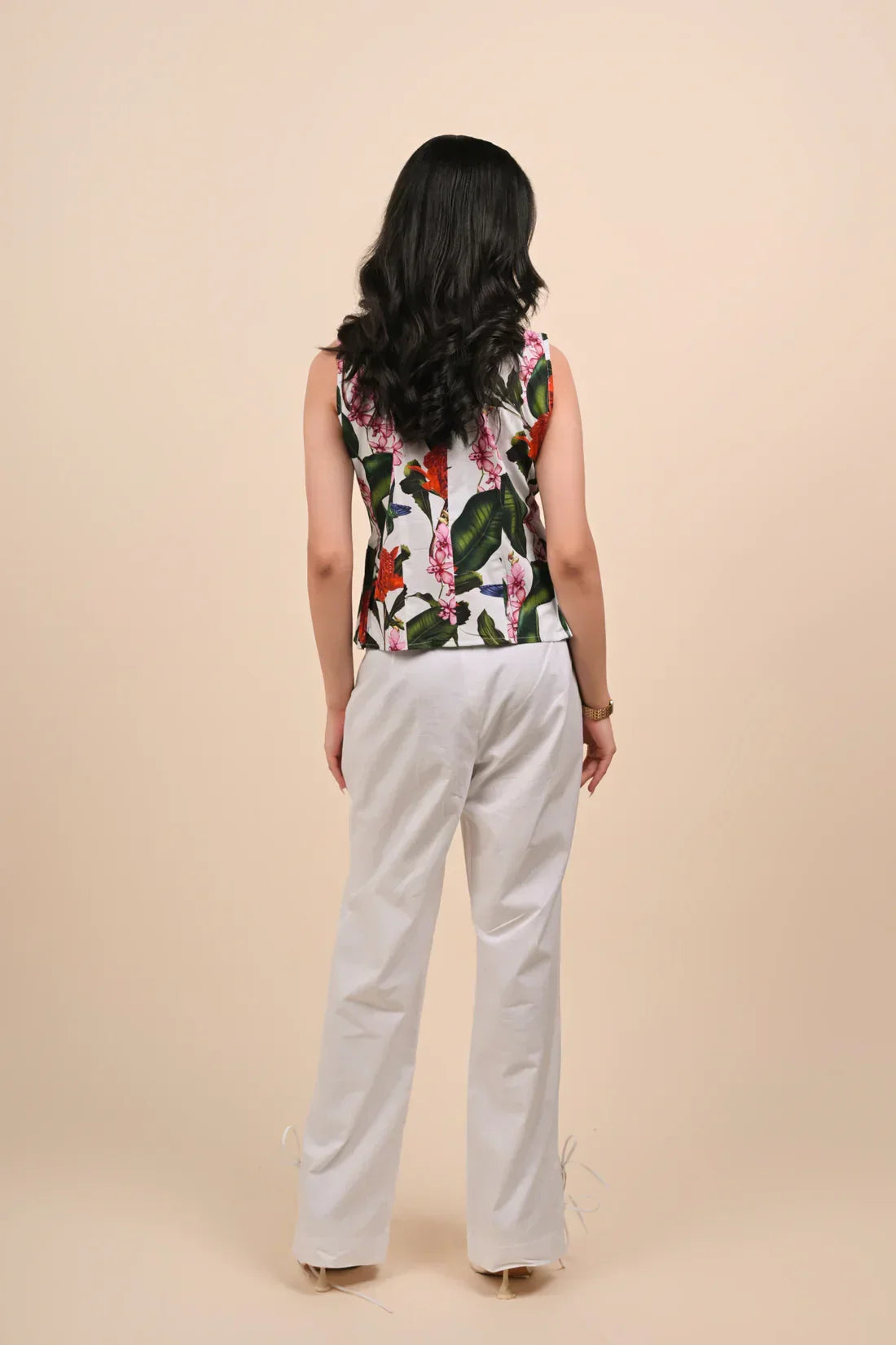 Tropical Floral Pleated Top & White Wide-Leg Pants Set