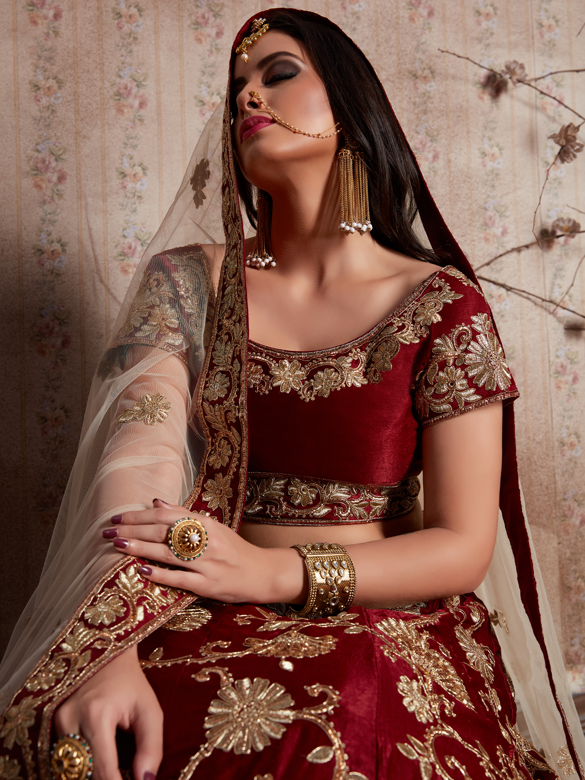 Maroon Embroidered Semi Stitched Lehenga With Unstitched Blouse
