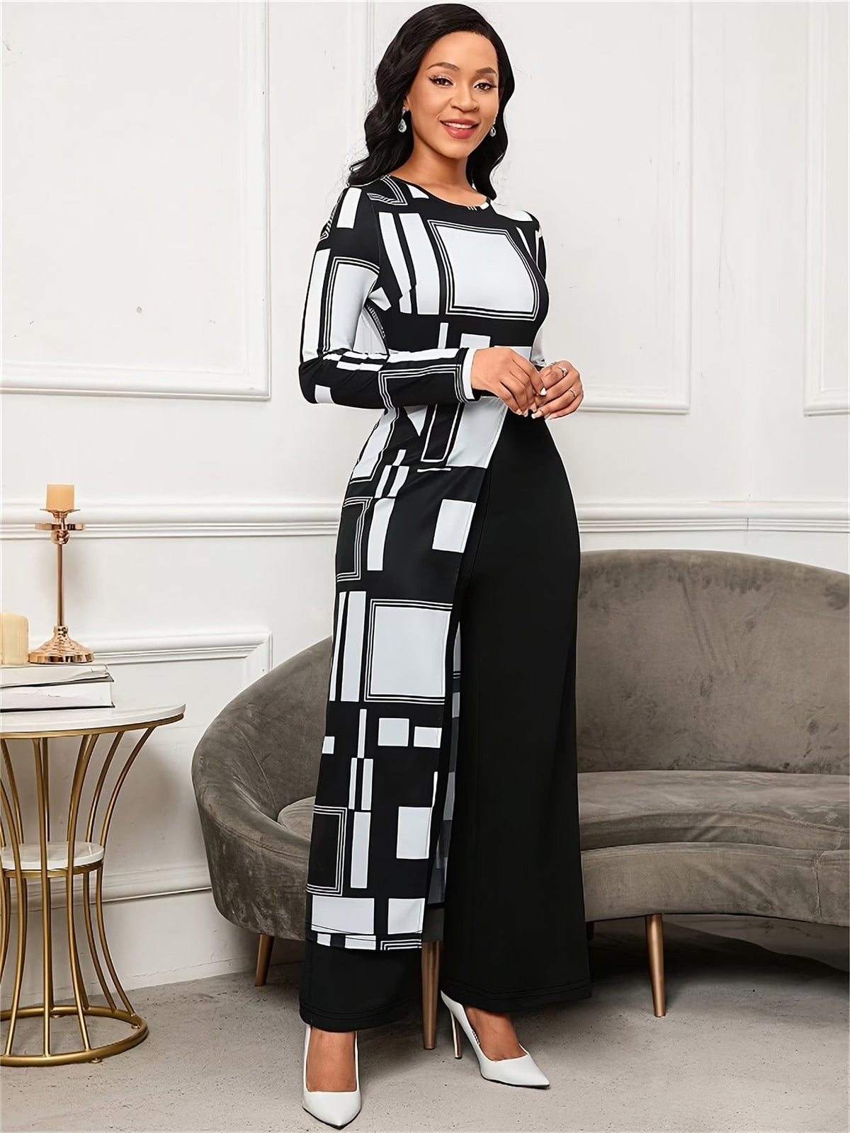 Chic Geometric Print Asymmetrical Jumpsuit – Long Sleeve Wide-Leg Elegant Commuter Wear