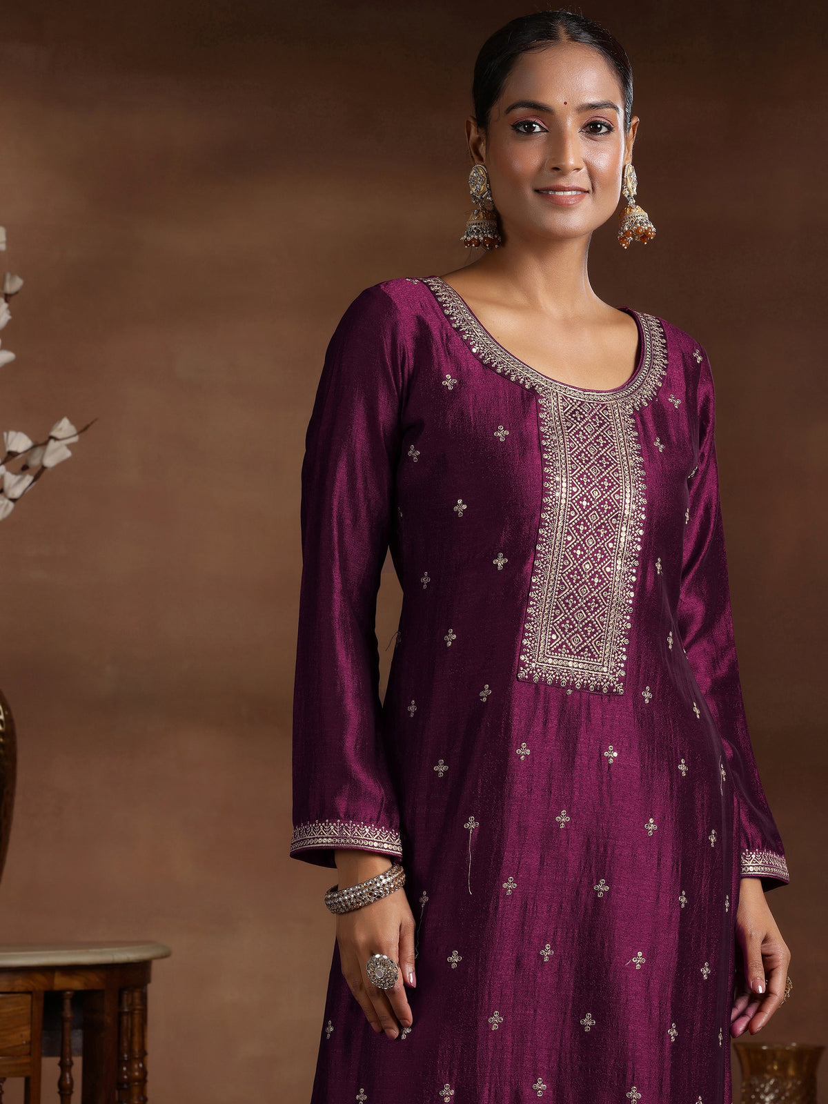 Anouk Wine Embroidered Silk Blend Straight Suit With Dupatta