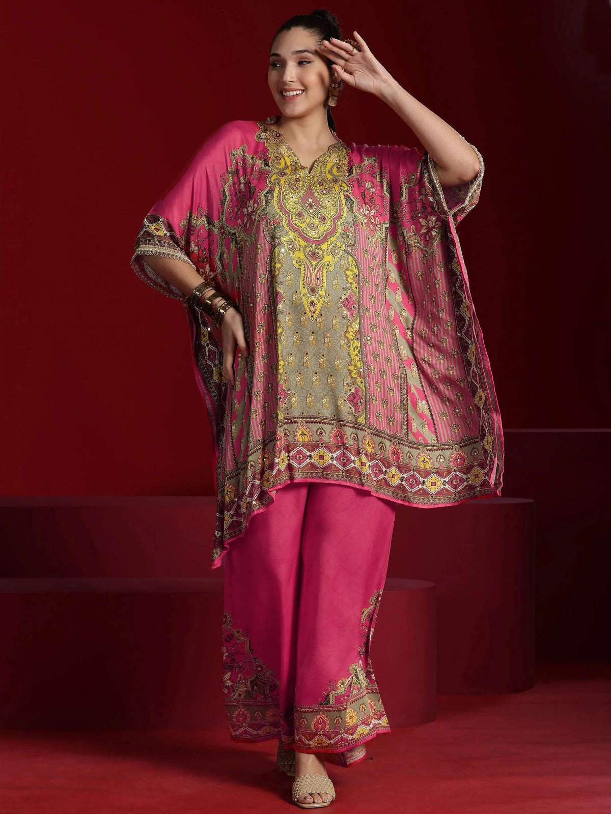 Anouk Art Coral Printed Silk Blend Kaftan Kurta With Palazzos