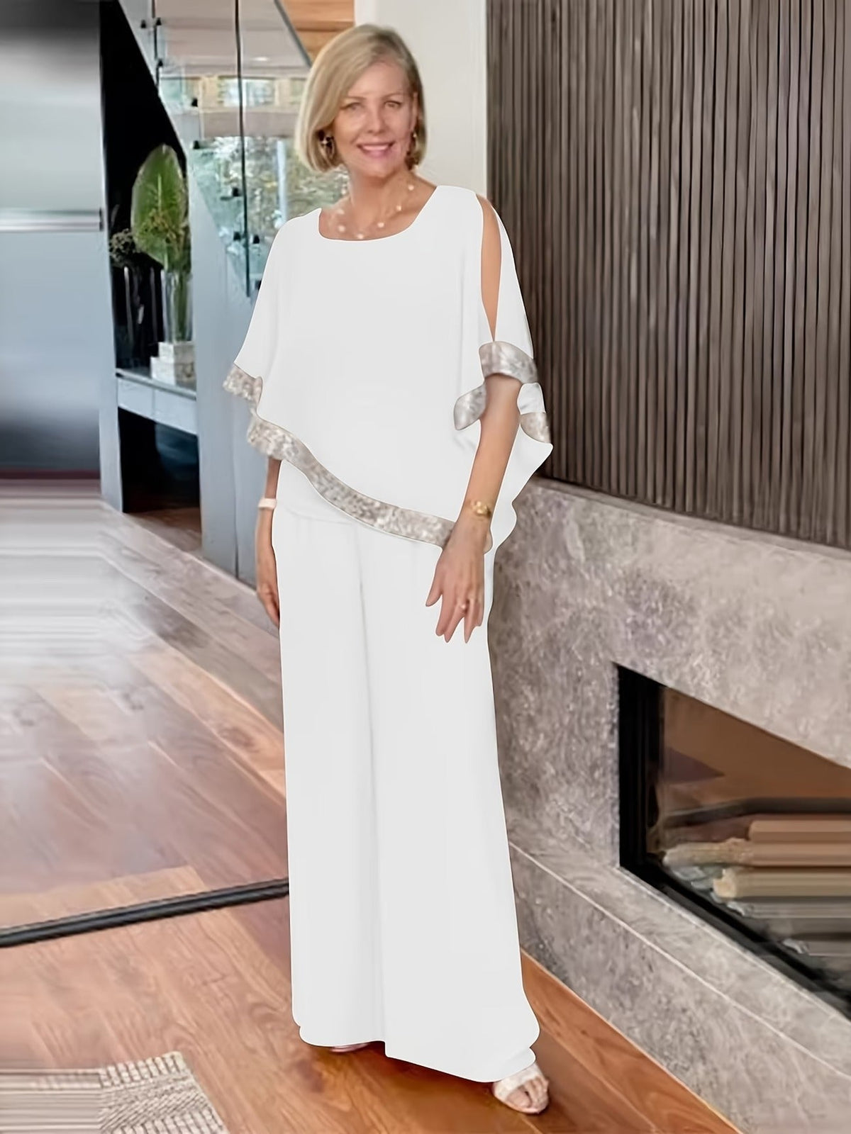 Women’s Sequin Color Block Batwing Top & Wide-Leg Pants Set – Elegant Spring Summer Party Outfit