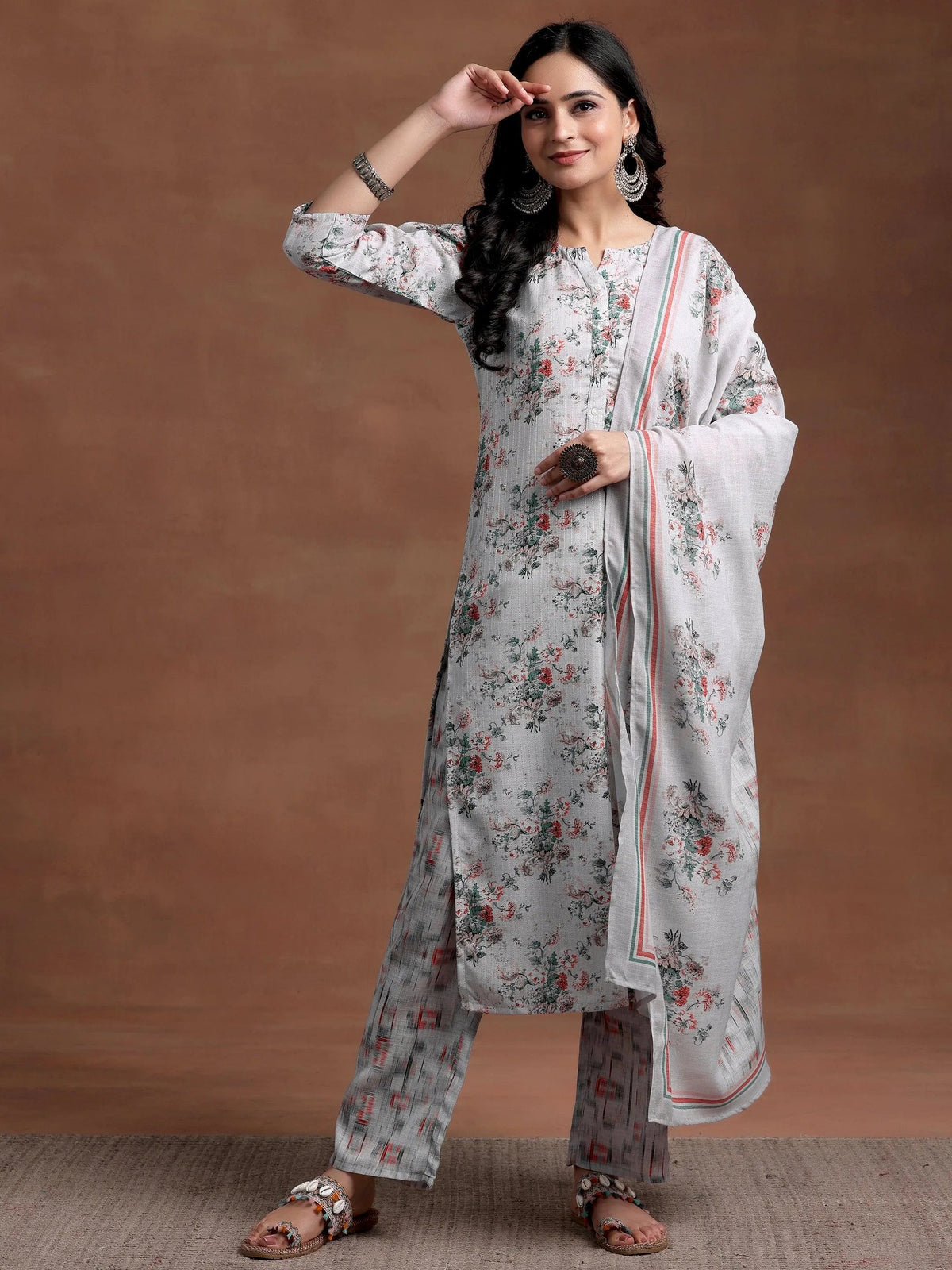 Anouk Grey Printed Cotton Straight Suit With Dupatta