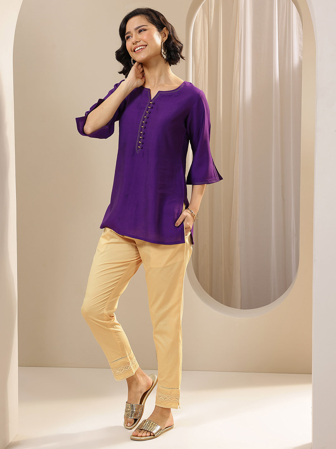 Anouk Beige Solid Cotton Trousers