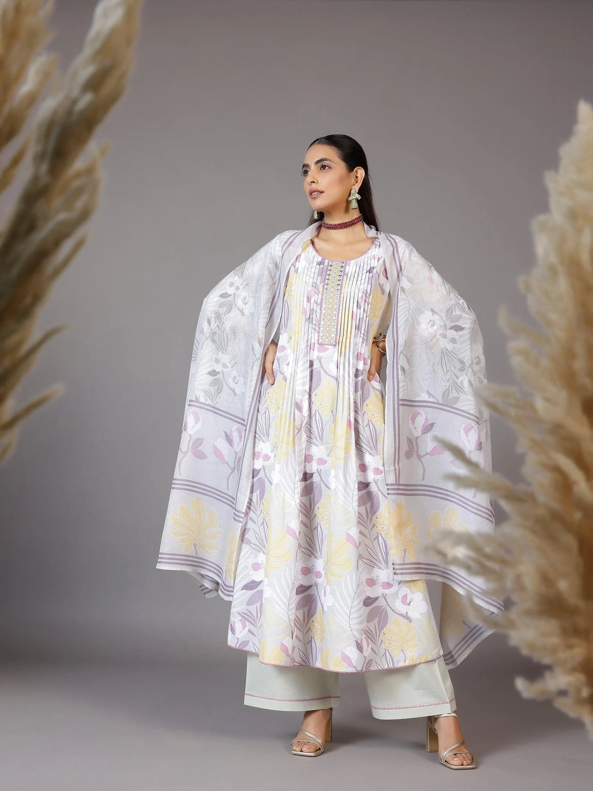 Anouk Grey Printed Cotton Blend A-Line Kurta With Palazzos & Dupatta