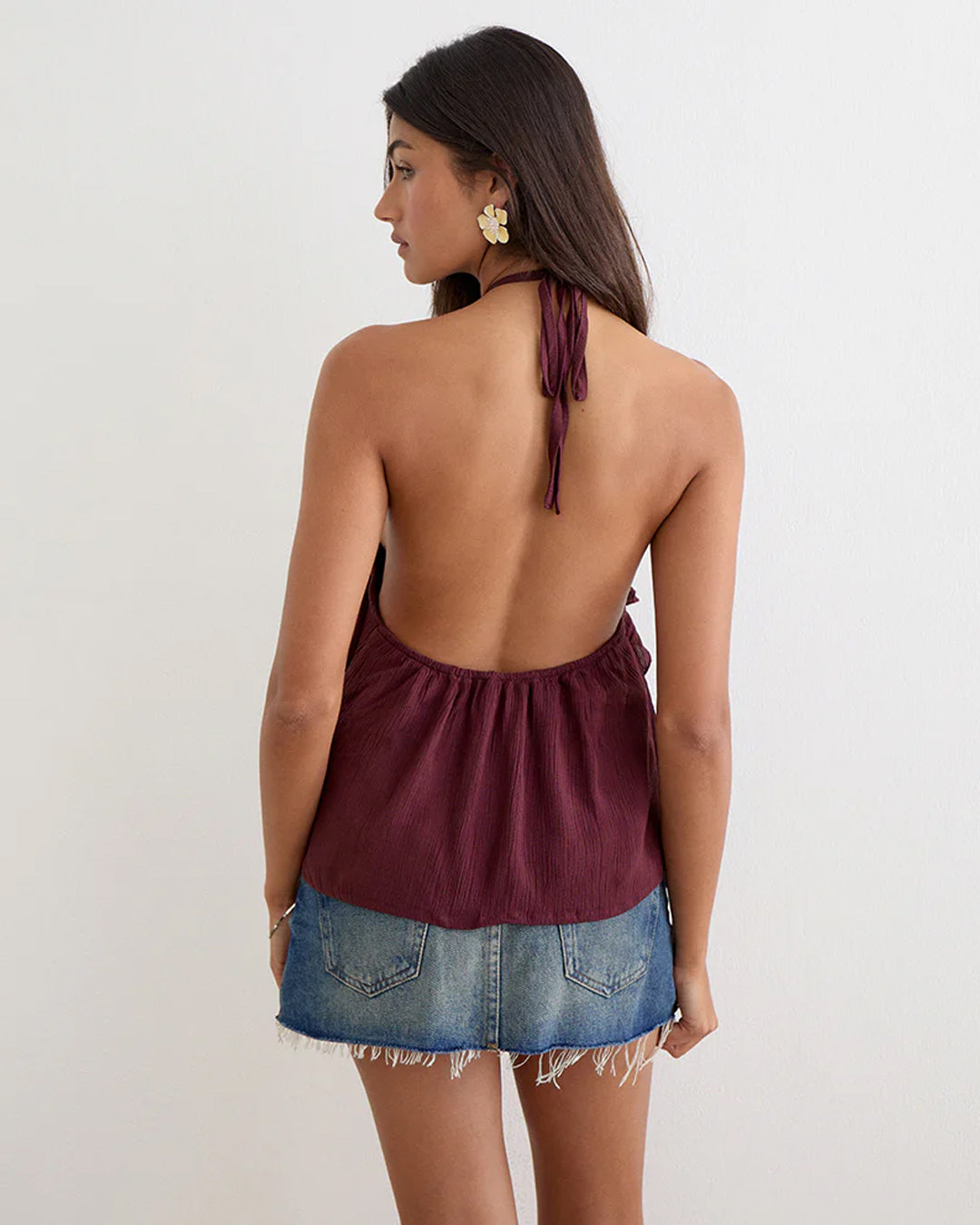 Ruffle Detail Halter Neck Flowy Top in Maroon