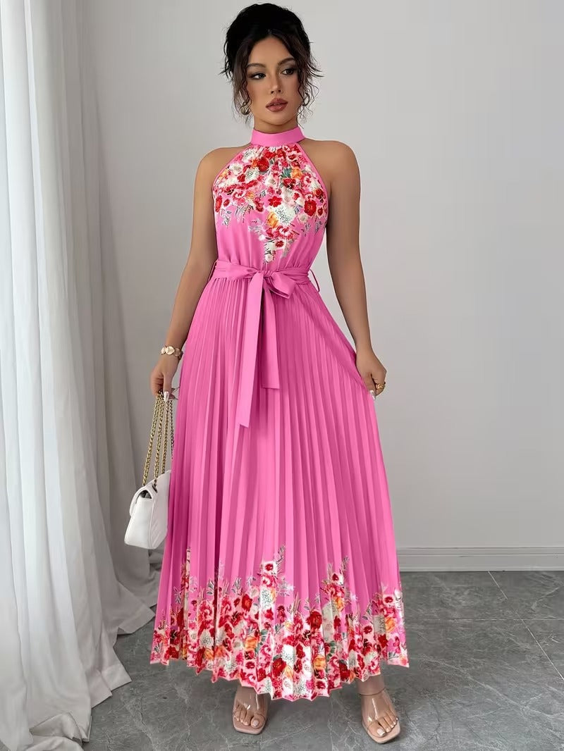 Elegant Floral Halter Neck Pleated Dress – Stylish & Comfortable Summer Outfit for Women
