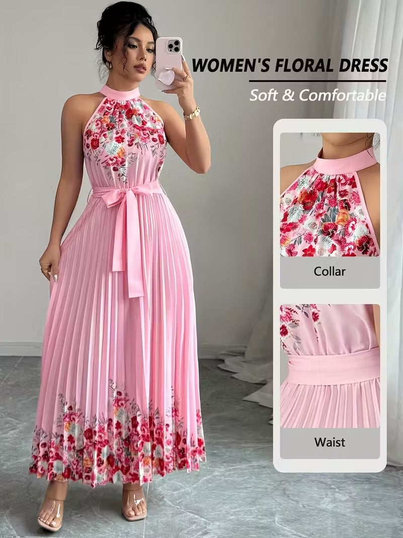 Elegant Floral Halter Neck Pleated Dress – Stylish & Comfortable Summer Outfit for Women
