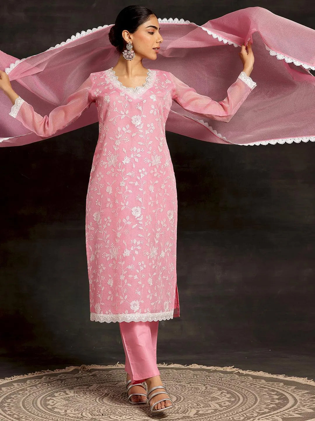 Anouk Pink Embroidered Cotton Pakistani Suit
