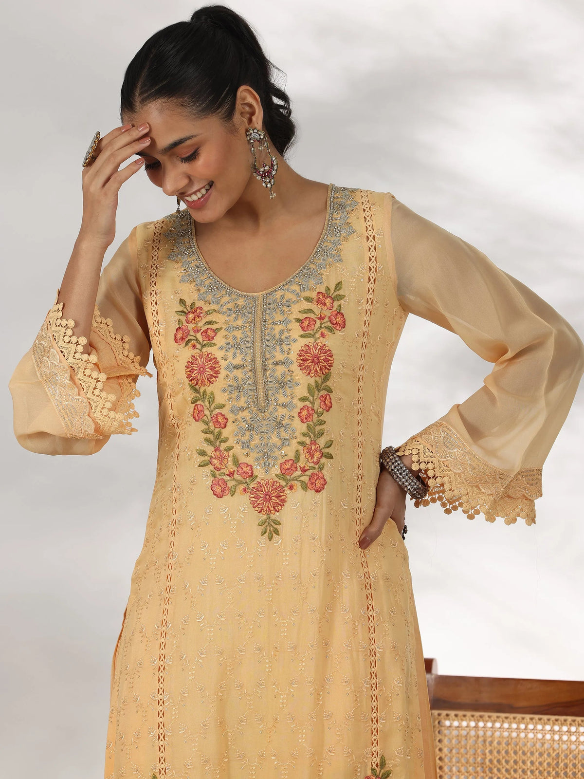 Anouk Yellow Embroidered Organza Straight Suit With Dupatta