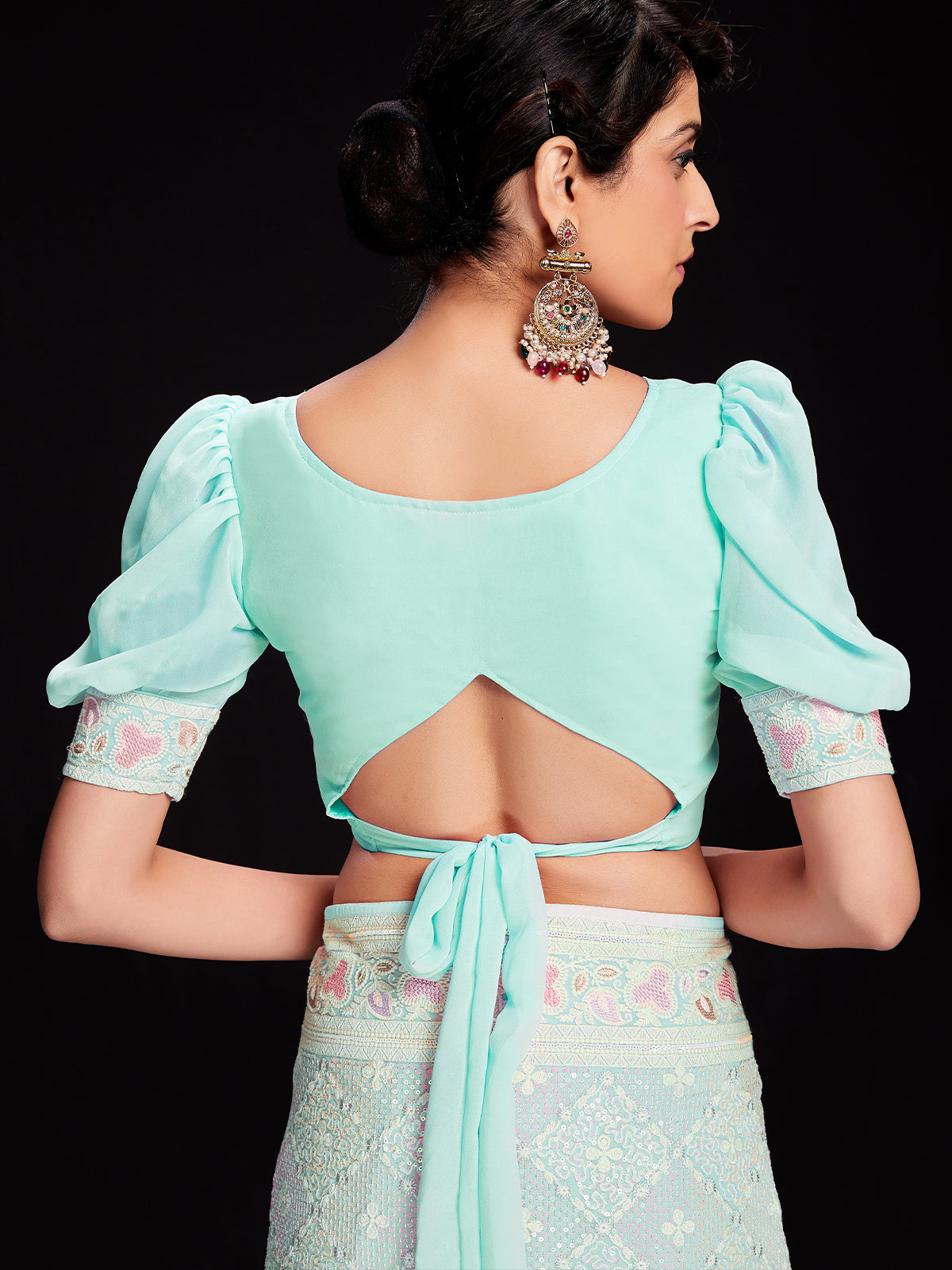 Light Blue Georgette Embellished Saree With Unstitched Blouse