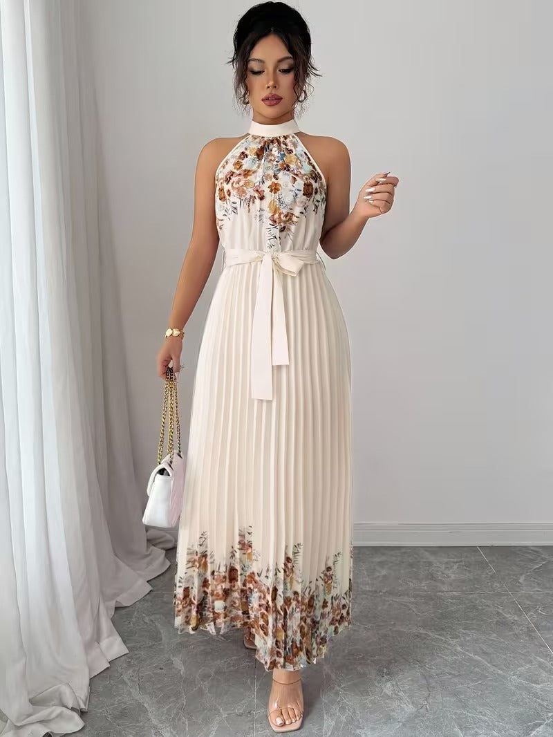 Elegant Floral Halter Neck Pleated Dress – Stylish & Comfortable Summer Outfit for Women