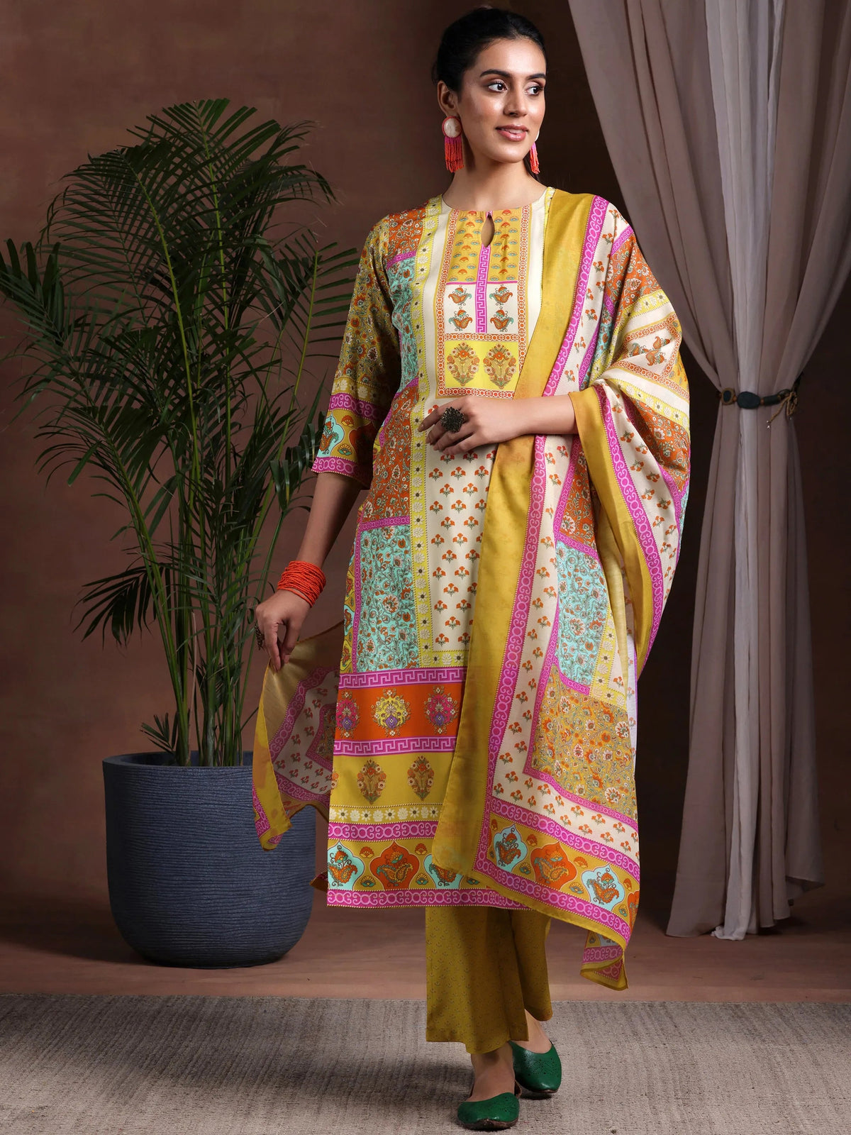Anouk Mustard Printed Poly Crepe Straight Suit With Dupatta