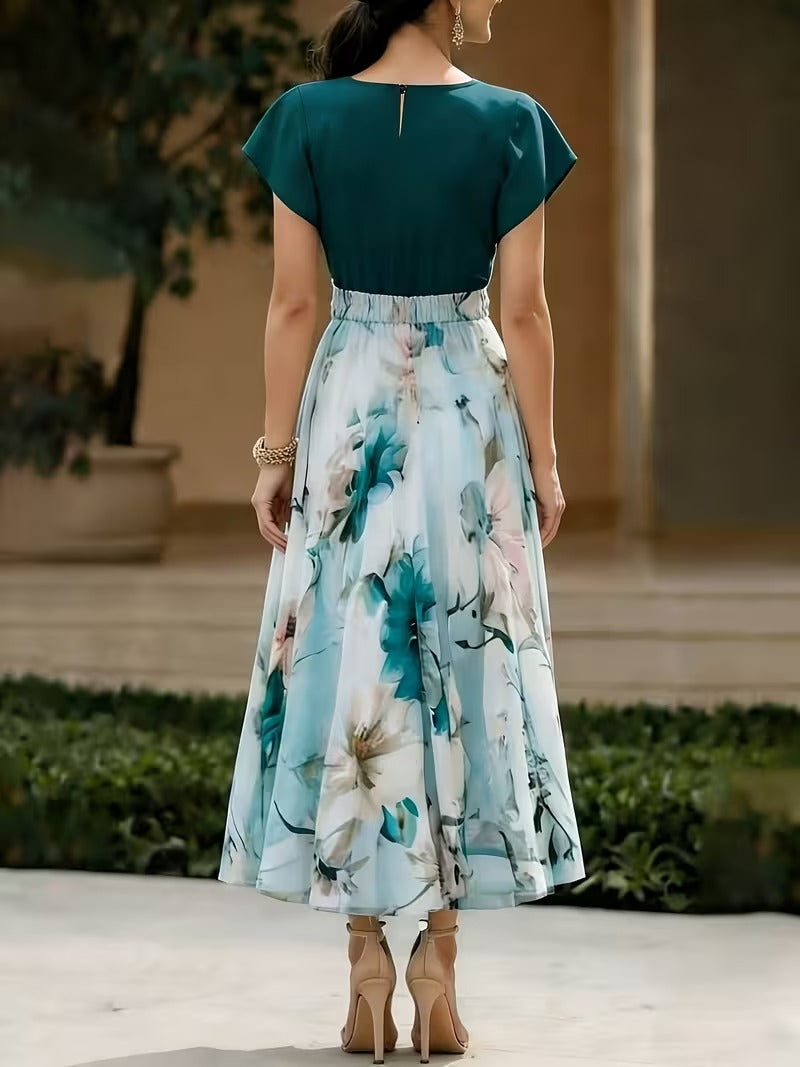 Elegant Floral Color-Block Midi Dress for Women | Tie-Waist Crew Neck Summer Dress