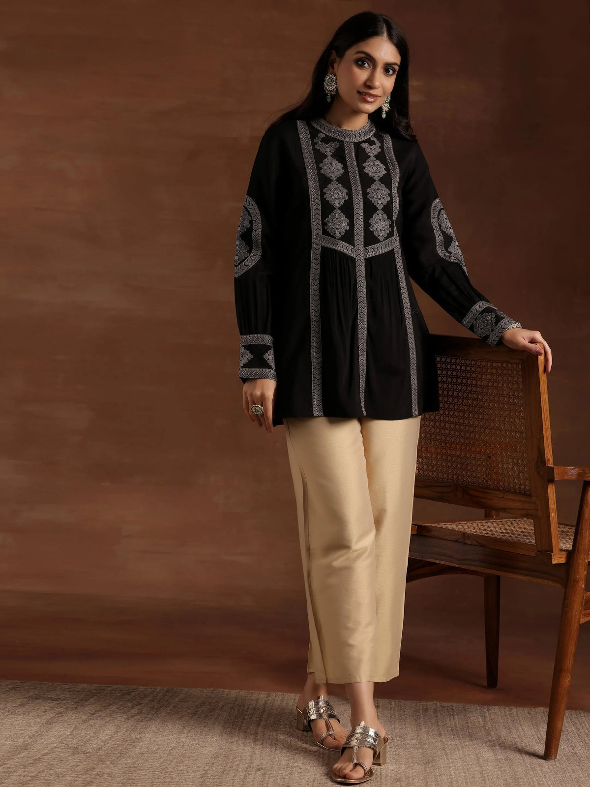 Anouk Beige Solid Silk Palazzos