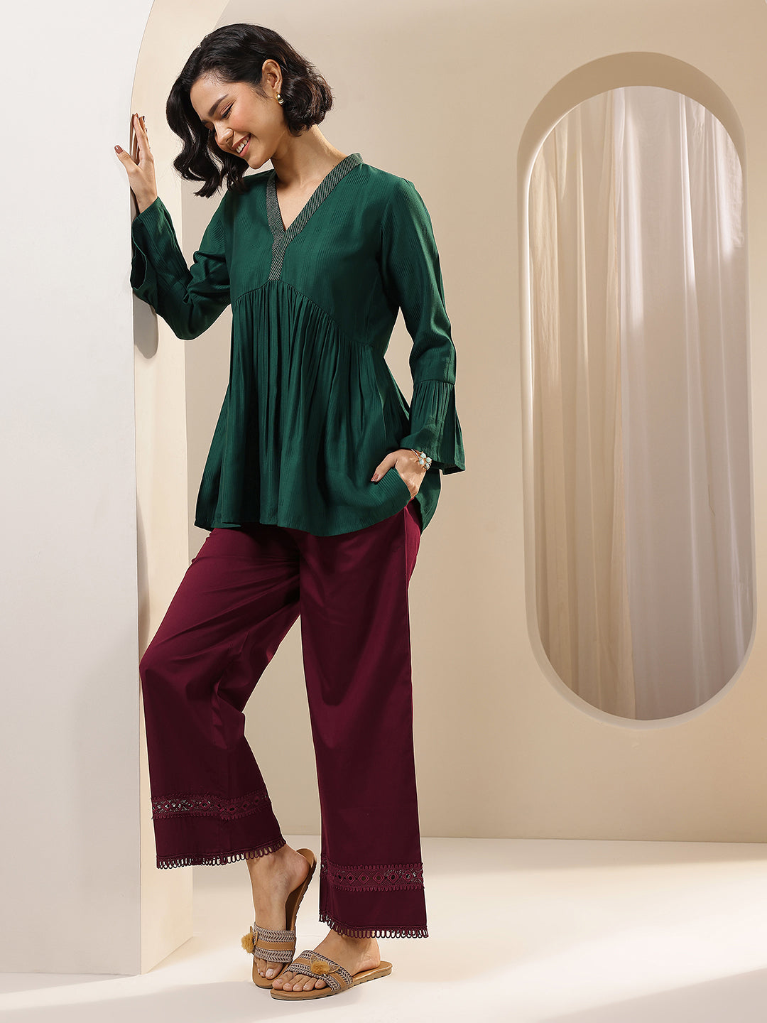 Anouk Maroon Solid Cotton Palazzos