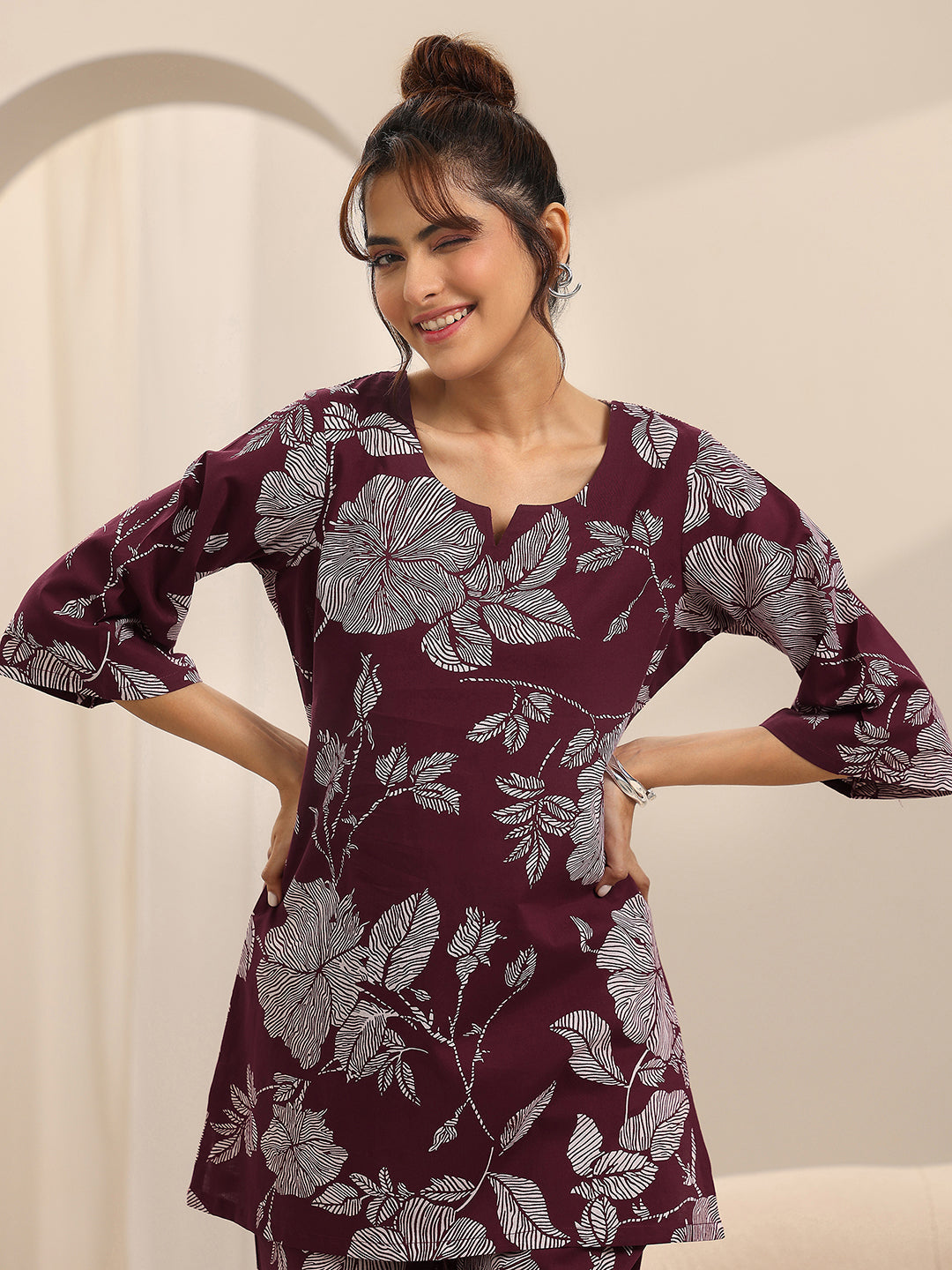 Anouk Burgundy Printed Cotton Night Suits