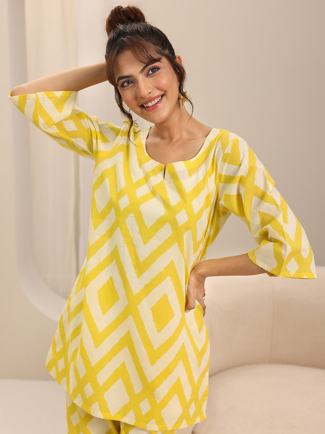 Anouk Yellow Printed Cotton Night Suits