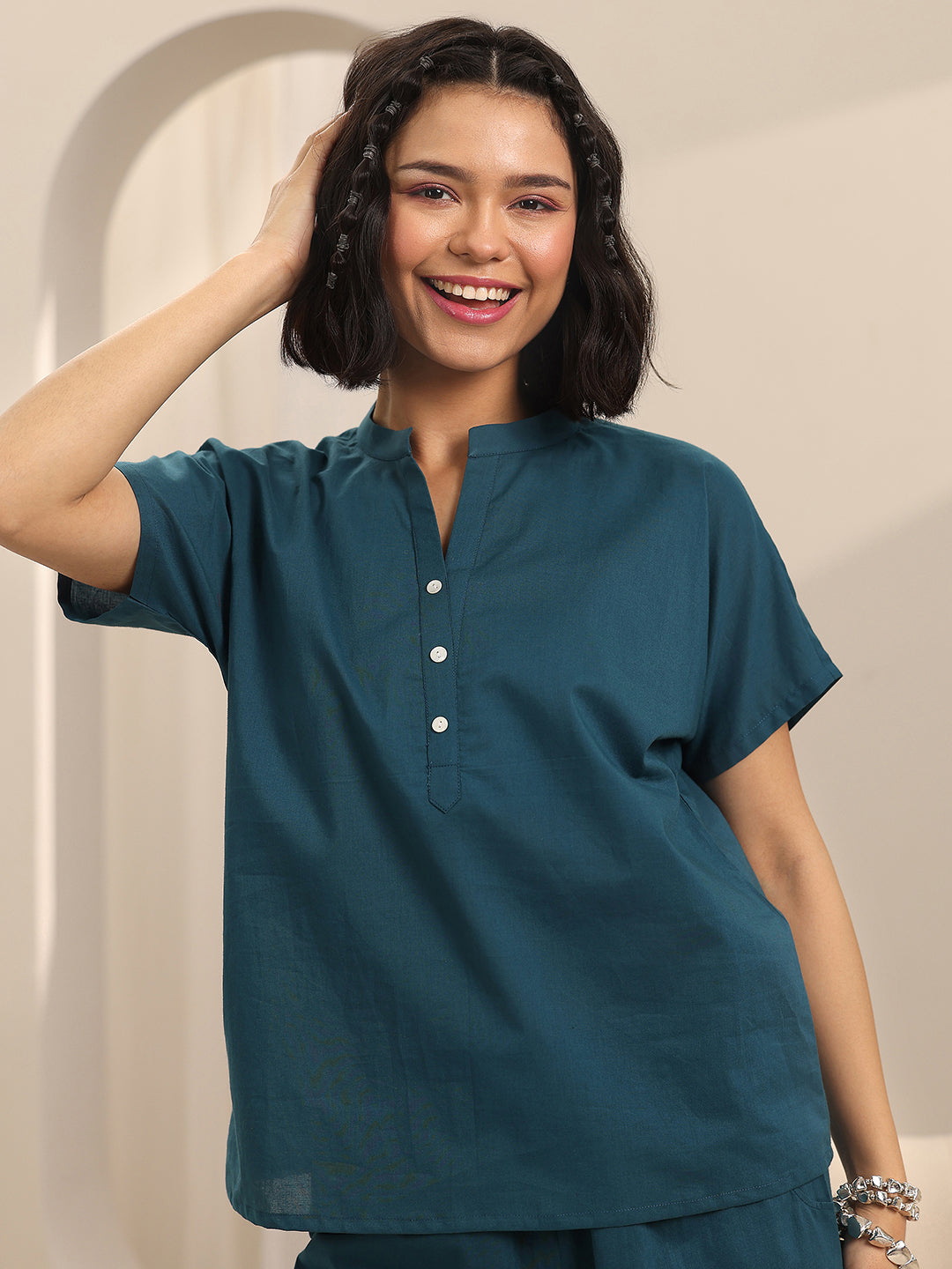 Anouk Teal Solid Cotton Night Suits