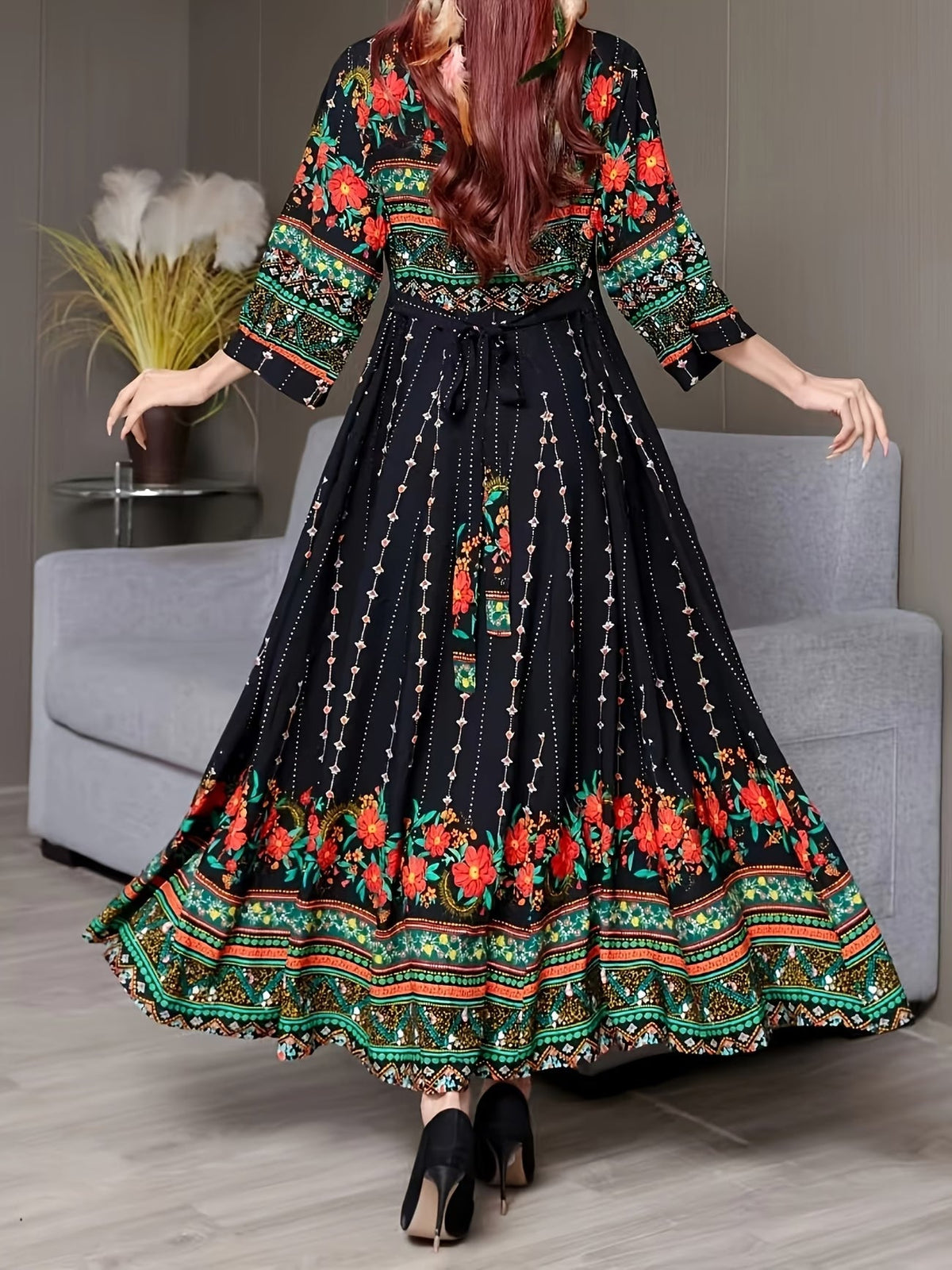 Women's Bohemian Ethnic Print Maxi Dress with Flowing Hem