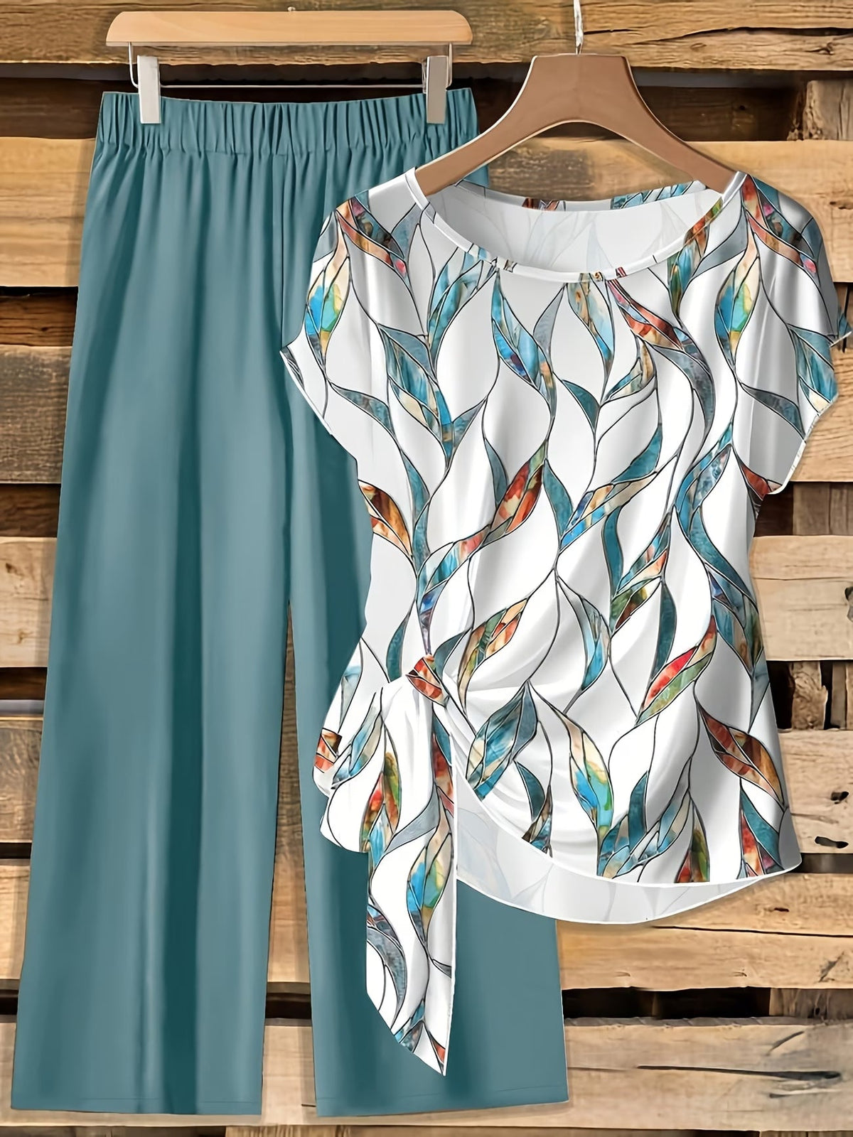 Women's Floral Print Tie-Front Shirt & Wide-Leg Pants Two-Piece Set