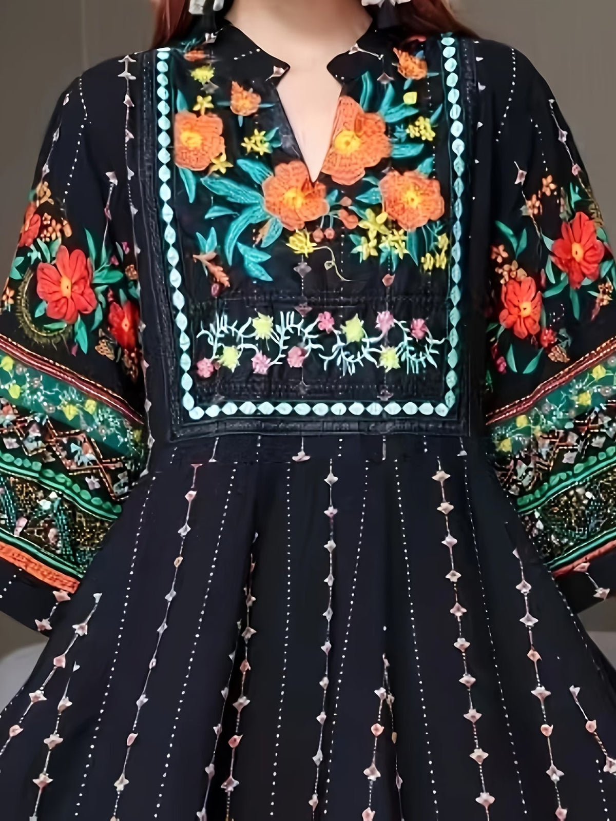 Women's Bohemian Ethnic Print Maxi Dress with Flowing Hem