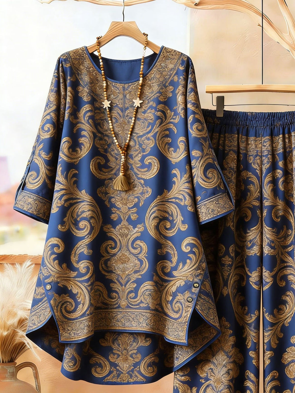 Plus Size Bohemian Printed Co-Ord Set – V-Neck Casual Tunic & Pants Outfit