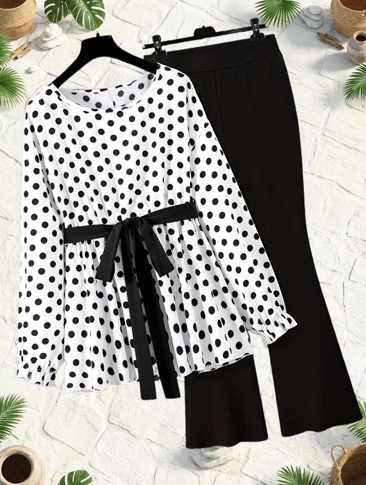Women's Elegant Waist-Tied Top & Flared Pants Two-Piece Set