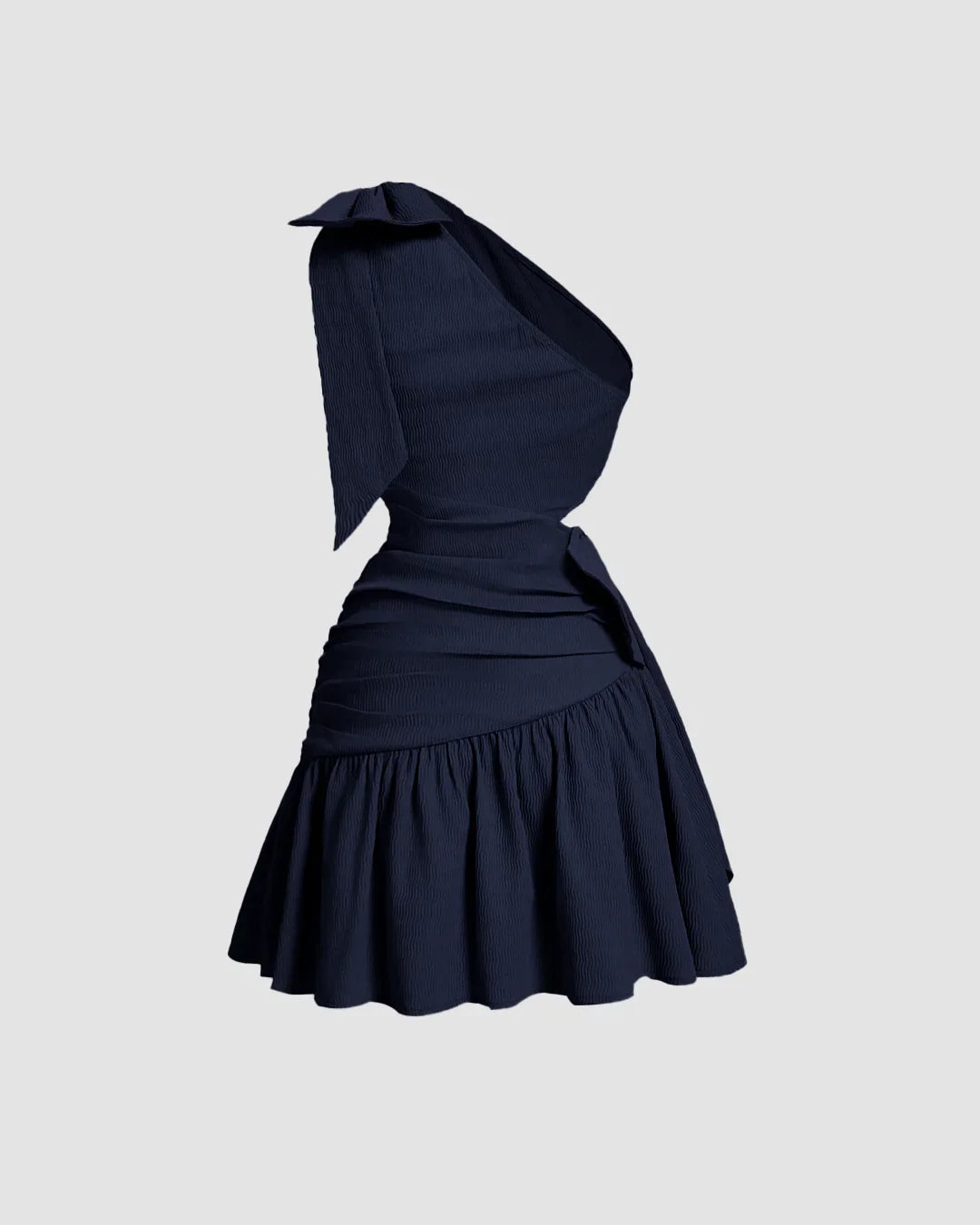 Asymmetrical Neck Bow Tie Cropped Waist Mini Dress In Navy Blue