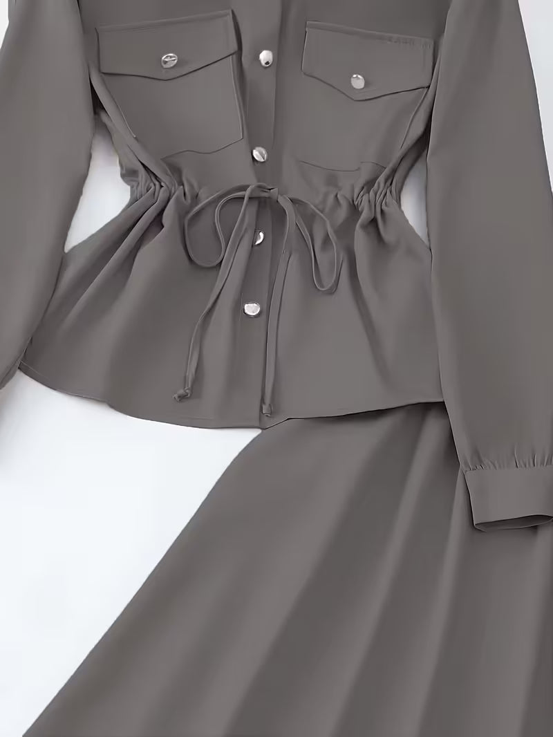 Women's Drawstring Waist Collared Top & Elastic Waist Skirt Two-Piece Set
