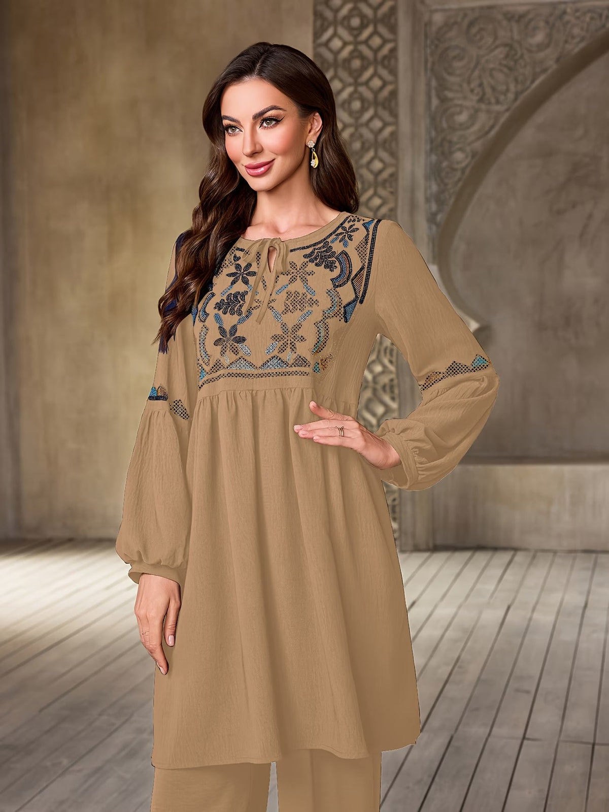 Women's Elegant Rhinestone Detail Long Sleeve Top & Wide-Leg Pants Set