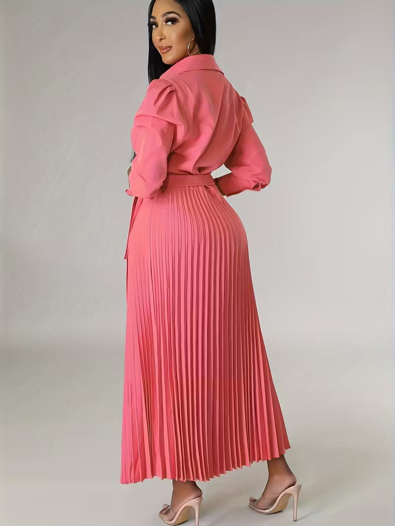 Women’s High-Waisted Polo Collar Dress | Casual Pleated Comfort Dress for Daily Wear