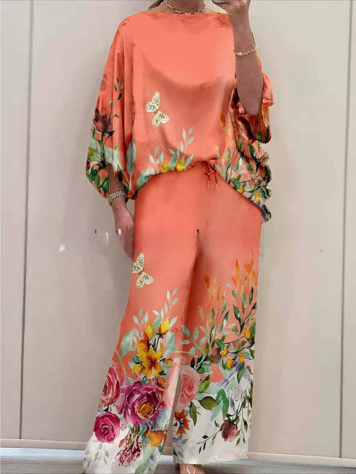 Women's Elegant Printed Batwing Sleeve Two-Piece Set