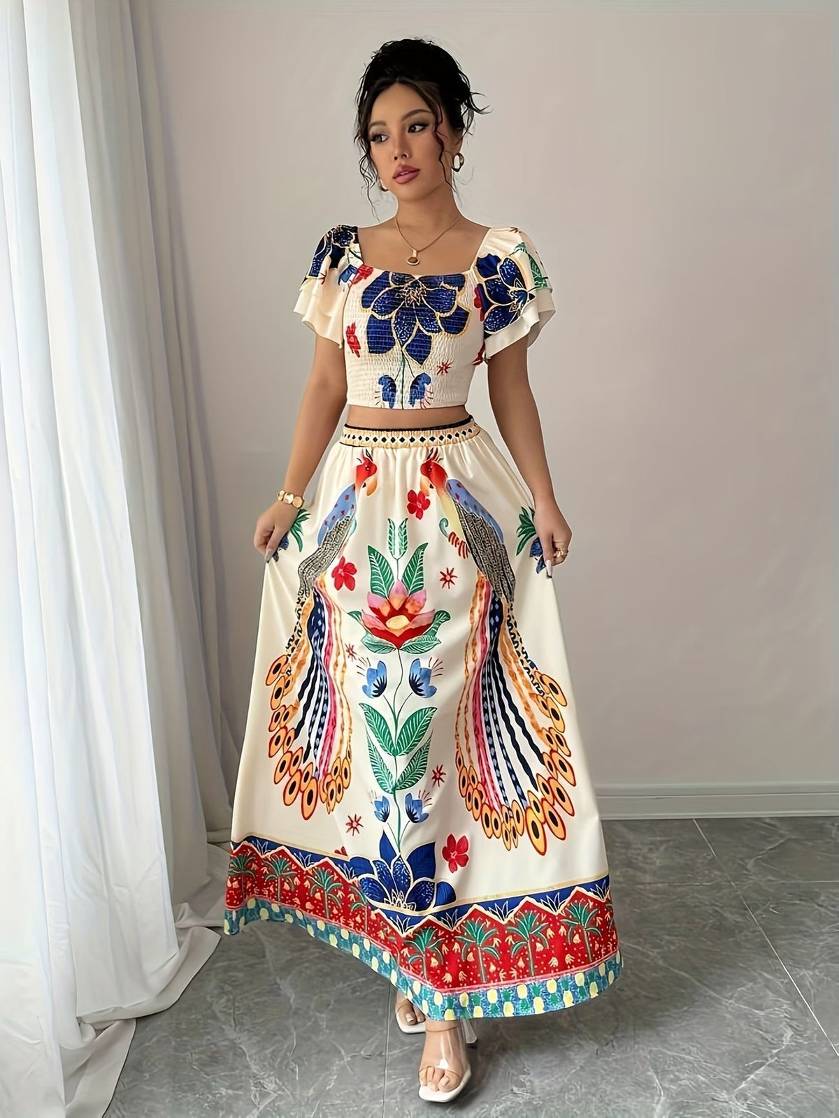 Women Summer Floral Top + Long Skirt Set