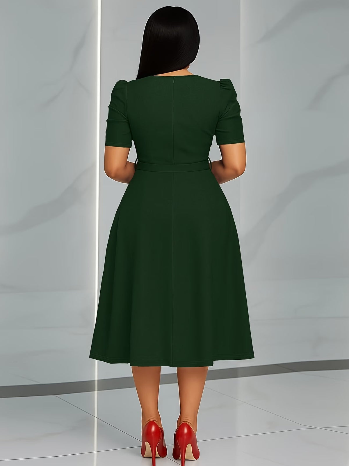 Women's Elegant V-Neck Ruffle Midi Dress with Waist Belt
