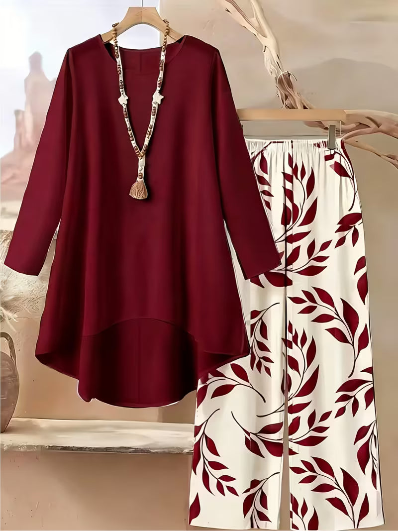 Elegant Leaf Print High-Low Co-Ord Set