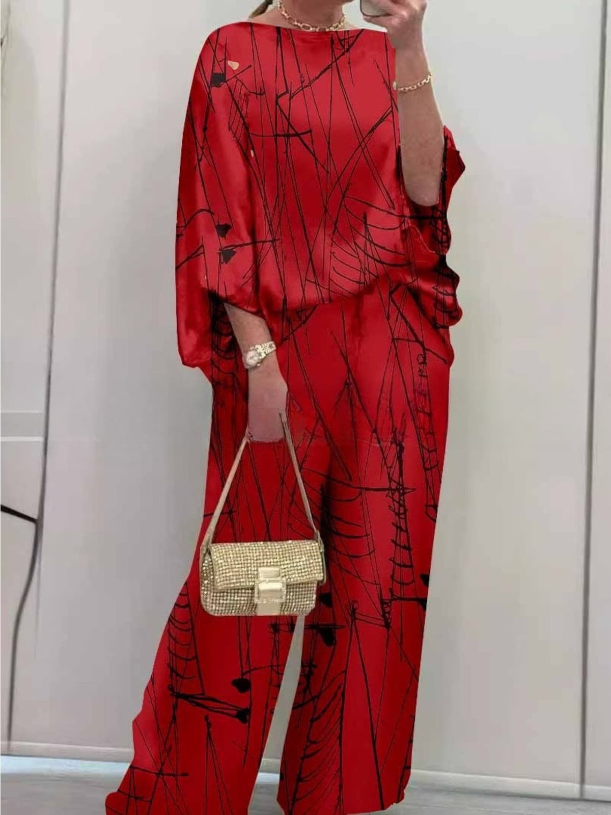 Women's Elegant Printed Batwing Sleeve Two-Piece Set