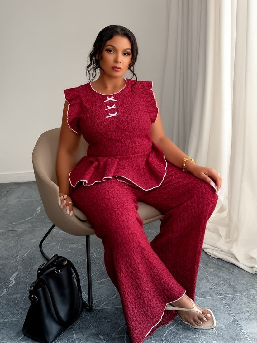 women Round Neck Mushroom Sleeve Top & Straight Pants