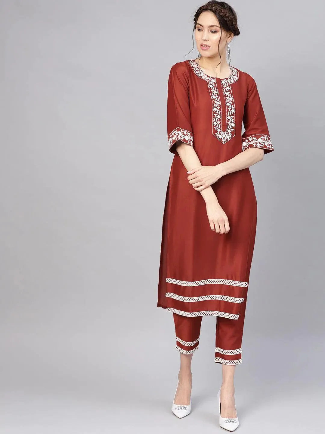 Anouk Rust Embroidered Silk Straight Kurta With Trousers