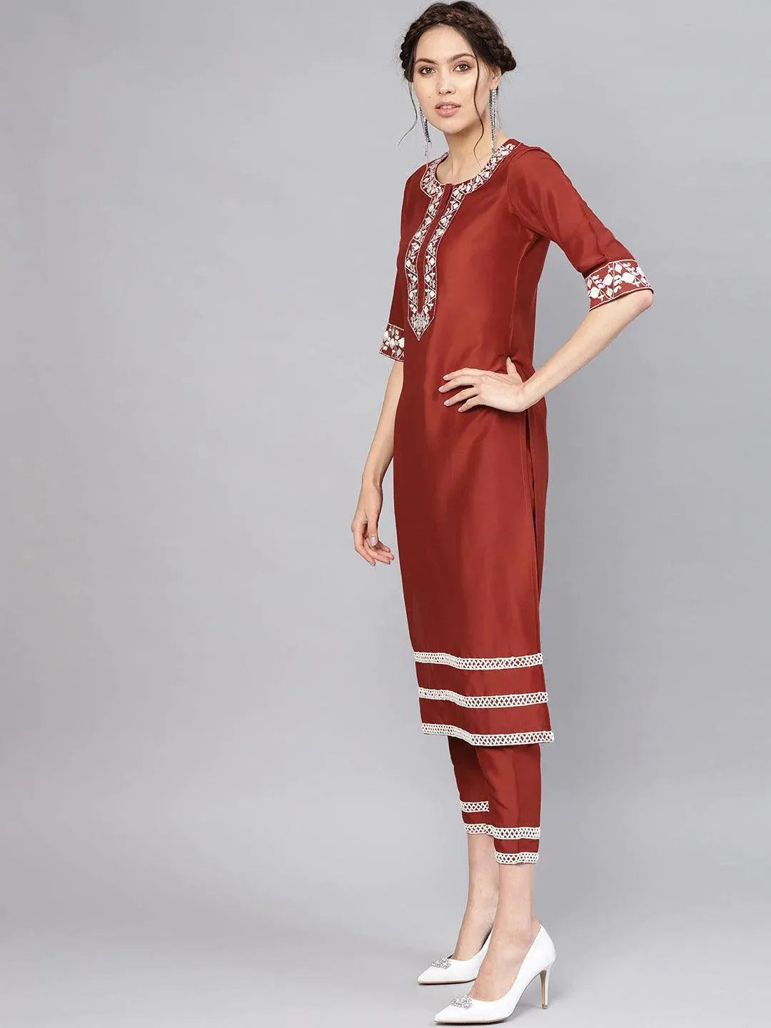 Anouk Rust Embroidered Silk Straight Kurta With Trousers