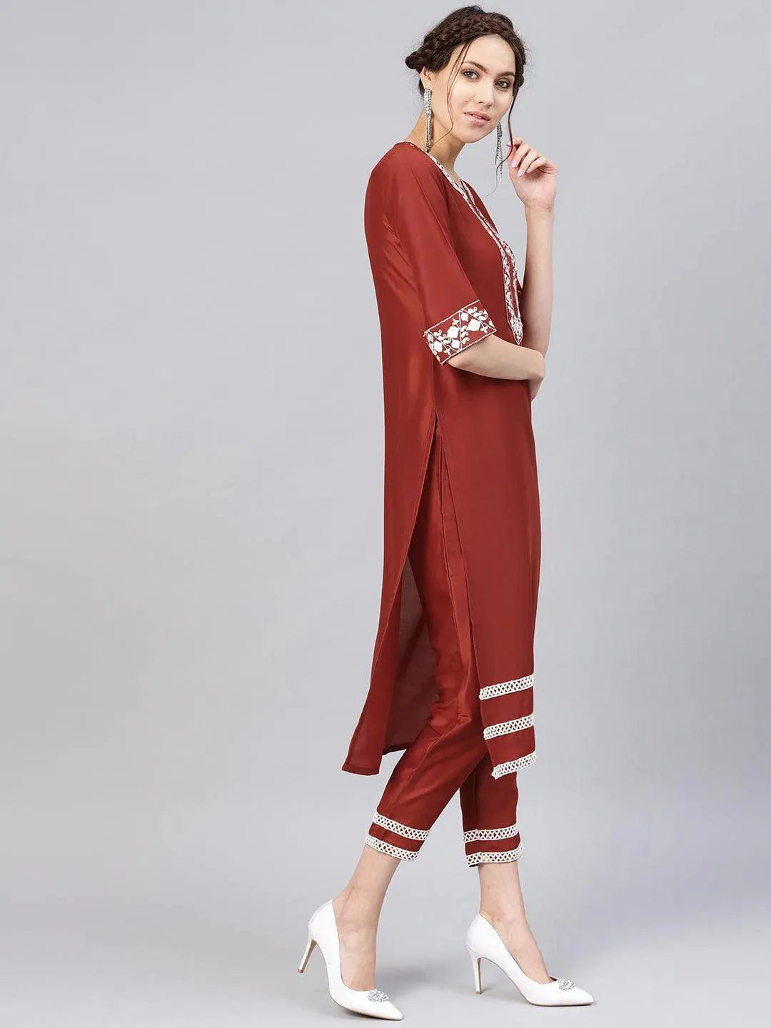 Anouk Rust Embroidered Silk Straight Kurta With Trousers