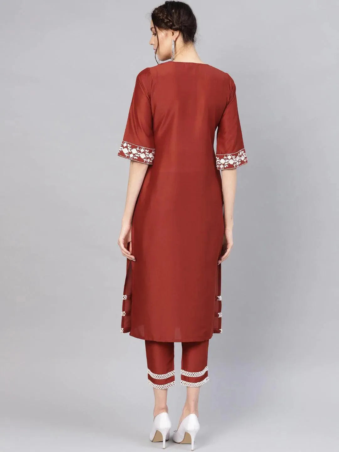 Anouk Rust Embroidered Silk Straight Kurta With Trousers