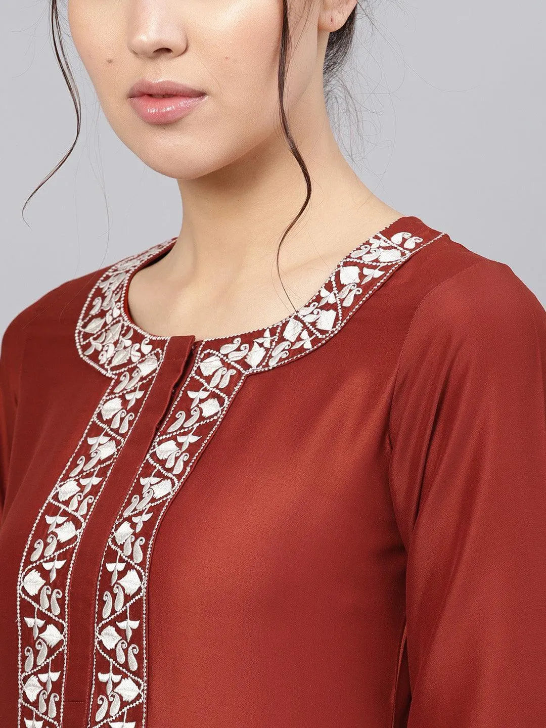 Anouk Rust Embroidered Silk Straight Kurta With Trousers