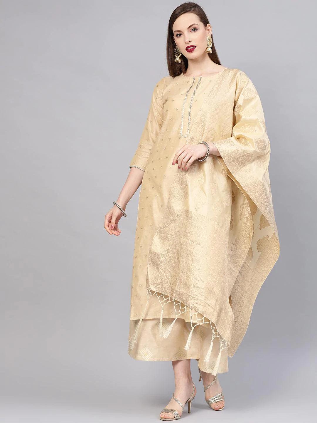 Anouk Beige Embroidered Chanderi Silk Straight Kurta With Palazzos & Dupatta