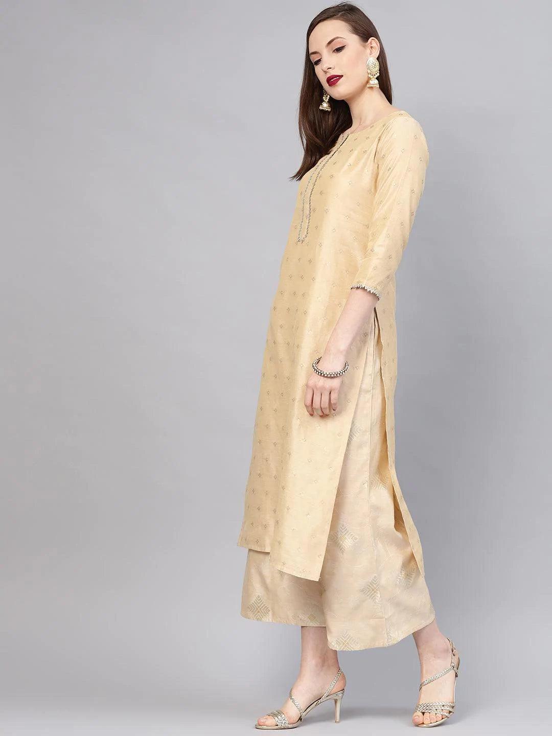 Anouk Beige Embroidered Chanderi Silk Straight Kurta With Palazzos & Dupatta